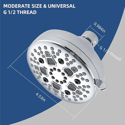 High Pressure Shower Head, 7-Spray Mode Adjustable Showerhead with 4-Inch Round Head, High Flow Handheld Shower for Low Water Pressure, Easy Install & Clean, Round Chrome