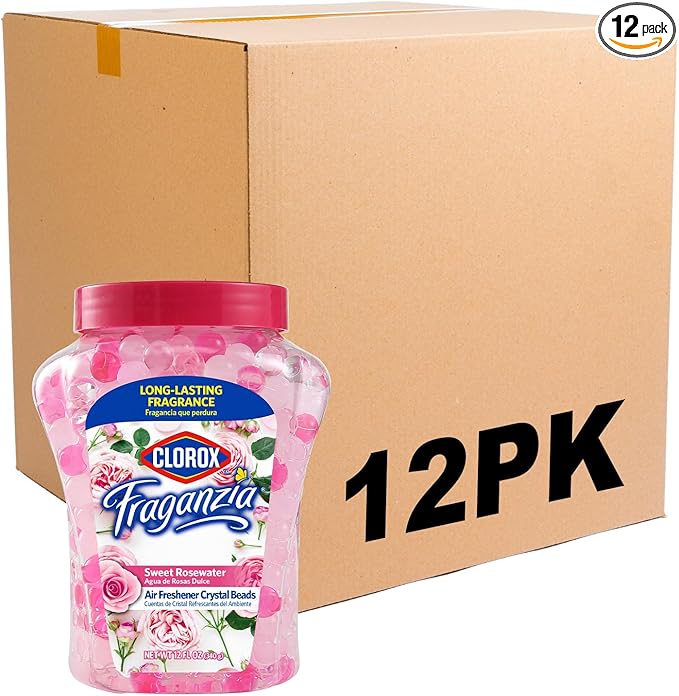 Clorox Fraganzia Crystal Beads Air Freshener, Long Lasting Room Deodorizer and Odor Eliminator Gel Beads to Freshen Home, Car, or Office, Sweet Rosewater Scent, 12 Fl Oz - 12 Pack