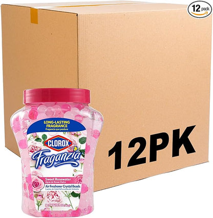 Clorox Fraganzia Crystal Beads Air Freshener, Long Lasting Room Deodorizer and Odor Eliminator Gel Beads to Freshen Home, Car, or Office, Sweet Rosewater Scent, 12 Fl Oz - 12 Pack