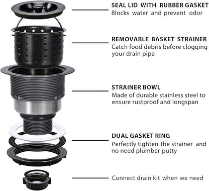 Kitchen Sink Drain 3-1/2 Inch Black Sink Drain Assembly Kit, Removable Deep Sink Strainer Basket with Sink Stopper/Sealing Lid for Home, Kitchen, Stainless Steel