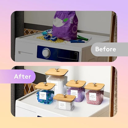 POLRAI 5 Pack Laundry Pod Containers and Dryer Sheet Holder for Laundry Room Organization Clear Jars with Lids and Labels for Laundry Detergent Laundry Pods Dry Sheet Organizing