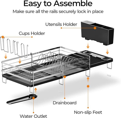 Delamu Stainless Steel Dish Drying Rack, Expandable Dish Drainer, Anti-Rust Large Dish Racks for Kitchen Counter, Dish Strainers with Drainboard, Utensil Holder & Cup Holder, 13.4"-28.7" L x 11.8" W