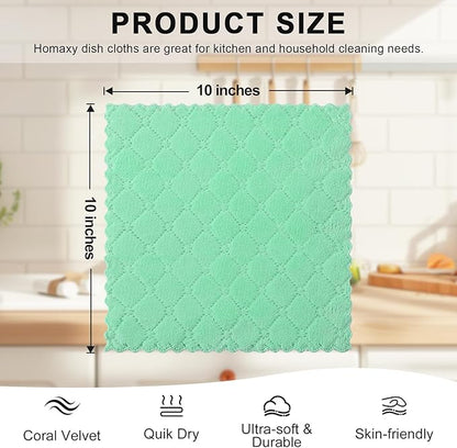 Homaxy 12 Pack Kitchen Dish Cloths (10 x 10 Inches, Green), Super Soft and Absorbent Coral Velvet Dish Towels, Nonstick Oil Fast Drying Microfiber Cleaning Cloth, No Lint Household Dishcloths