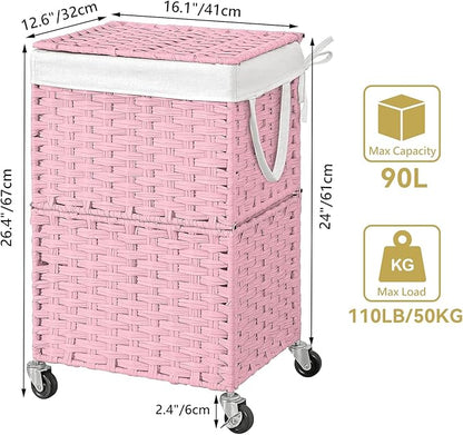 Chrislley 90L Slim Laundry Hamper with Wheels, Rolling Laundry Basket with Lid and Renovable Liner Bag, Handwoven Rattan Organizer for bedroom, bathroom, laundry room (Pink)