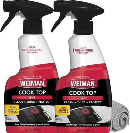 Weiman 2-Pack Cooktop Cleaning Spray & Microfiber Cloth – Cooktop & Oven Cleaner for Streak & Residue Free - Non-Abrasive Degreaser Safe for Glass & Ceramic