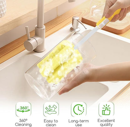 3PCS Dishwashing Foam Sponge Brush with Adjustable Long Handle Bottle Scrubber Cleaning Sponges Brushes Cleaner Soft for Baby Bottle Kitchen Clean Glasses Mugs Cups (Color Random)