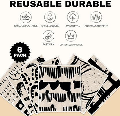 6 Pack Washable Swedish Dishcloths, Geometric Super Absorbent Cellulose Sponge Cloths, Reusable No Odor Dish Towels for Kitchen Dish Washing, Eco Home Cleaning