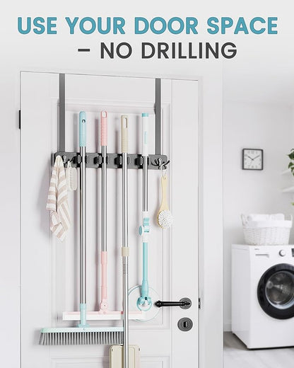 HULISEN Broom Holder Door Mount, Over the Door Broom and Mop Holder with 0.6" Thick Pads, Wood Mop Organizer Tool Hanger with 4 Racks & 2 Hooks for Laundry Cabinet Kitchen Garage, No Drills