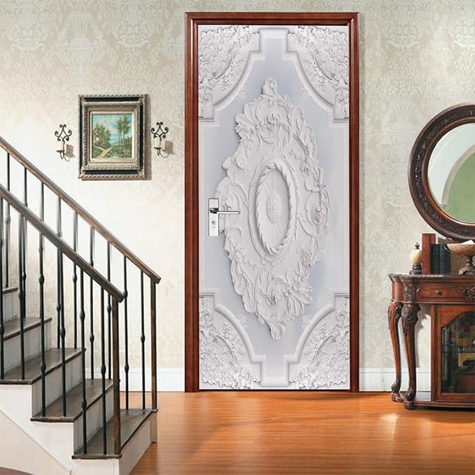 A.Monamour 3D Door Stickers for Interior Doors Luxury White Wall Design with Flowers Relief Moldings Vinyl Waterproof Self Adhesive Door Mural Decals for Bedroom Office Bathroom 85x215cm