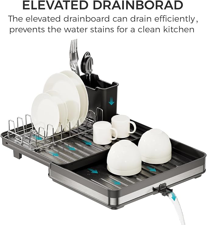 Sineng Expandable Dish Drying Rack,Stainless Steel Foldable Dish Rack with Cutlery Holder,Multifunctional Compact countertop Dish Drainer,Space Saving extendable Big Capacity Dish Holder