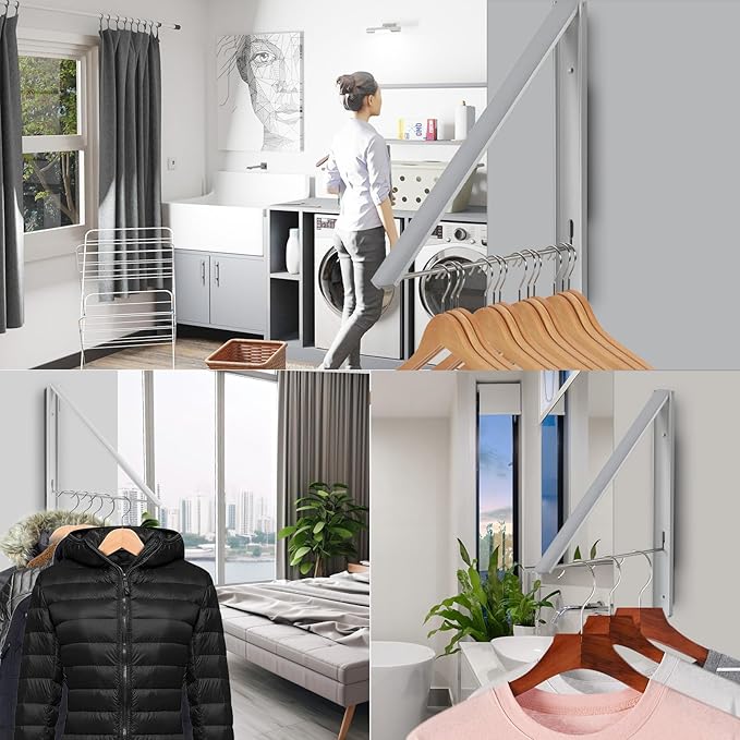 Retractable Clothes Drying Rack Wall Mounted, Foldable Space-Saving Hanger for Laundry Room/Bathroom/RV - Stainless Steel/Aluminum (Silver)