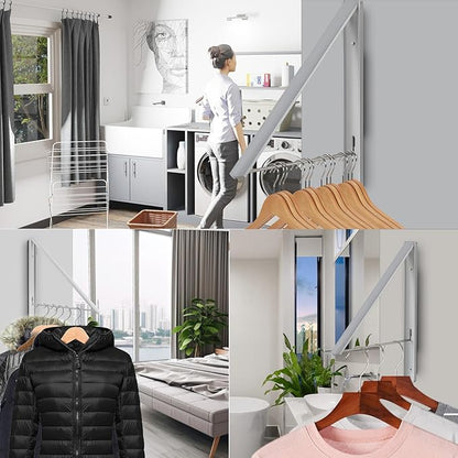 Retractable Clothes Drying Rack Wall Mounted, Foldable Space-Saving Hanger for Laundry Room/Bathroom/RV - Stainless Steel/Aluminum (Silver)