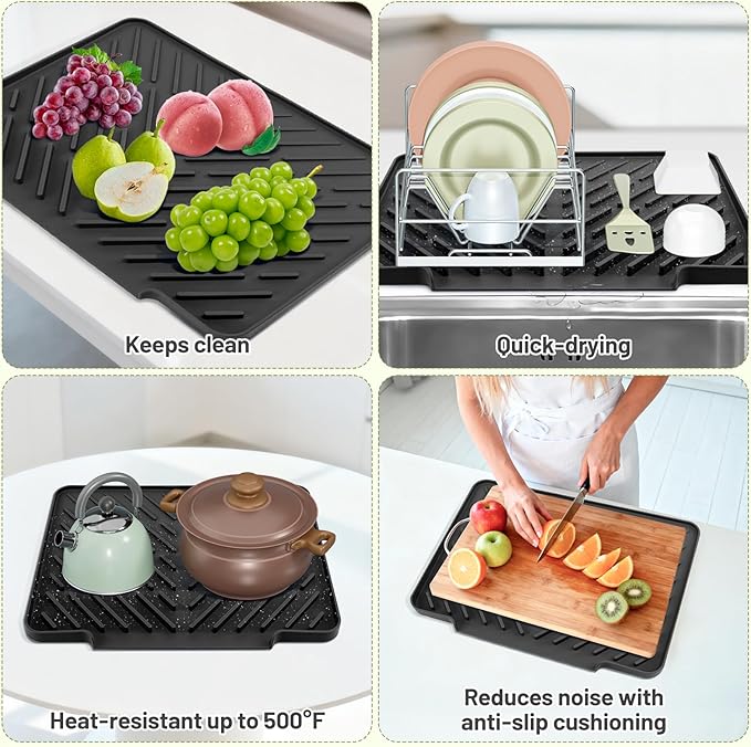 Silicone Dish Drying Mat for Kitchen Counter Essentials with Wider Drain Spout, Non-Slip Heat Resistant Dish Drying Pad with Hanging Hole for Sink RV Camper Travel Multipurpose Drainer Mat Black