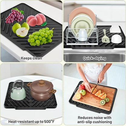 Silicone Dish Drying Mat for Kitchen Counter Essentials with Wider Drain Spout, Non-Slip Heat Resistant Dish Drying Pad with Hanging Hole for Sink RV Camper Travel Multipurpose Drainer Mat Black