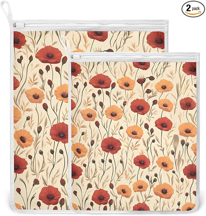 Mesh Laundry Bags Lingerie Bags for Washing Delicates 2 PCS Durable Wash Bag with Zipper Small and Medium Washable Cute Poppy Flowers Beige