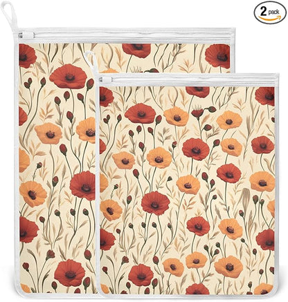 Mesh Laundry Bags Lingerie Bags for Washing Delicates 2 PCS Durable Wash Bag with Zipper Small and Medium Washable Cute Poppy Flowers Beige