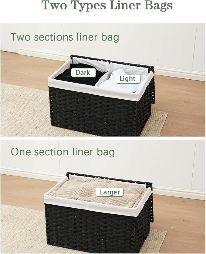 Storage Basket with Lid Wicker Baskets for Storage with 2 Separate Lid 42.3 Gallon (160 L) 29.9 x 17.3 x 18.1 Inches Rattan Woven Large Wicker Basket with 2 Liners for Bedroom Laundry Black