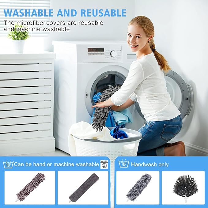 5-in-1 Kit Dusters for Cleaning, Duster with Extension Pole, Extendable Duster with 100 Inches, Microfiber Dusters, Webster Cobweb Duster for Cleaning Ceiling Fans, Furniture, Blinds - Blue