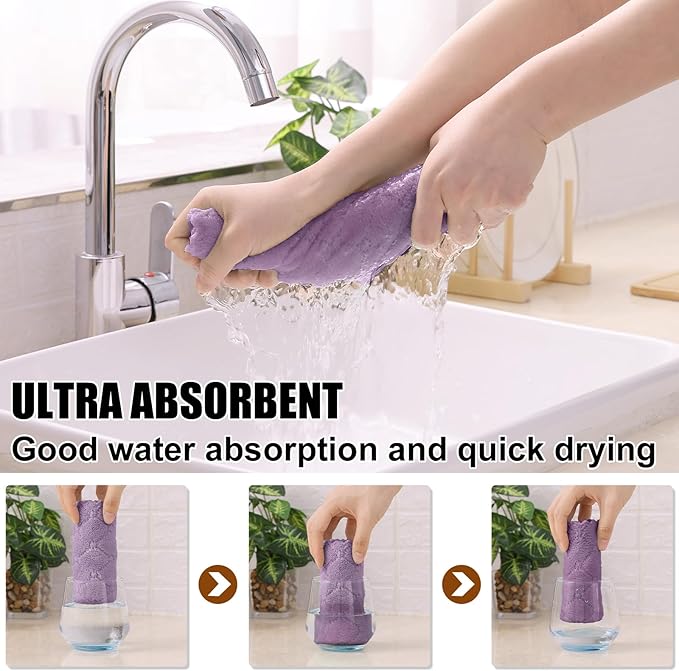 Homaxy 12 Pack Kitchen Cloths Dish Towels (10" x 10", Purple), Super Soft and Absorbent Dish Cloths, Coral Velvet Microfiber Cleaning Cloth, Nonstick Oil Fast Dry Dishcloths