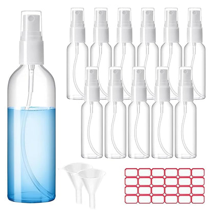 Zoizocp Spray Bottles, 2oz/50ml Clear Empty Fine Mist Plastic Mini Travel Bottle Set, Small Refillable Liquid Containers with 2pcs Funnels and 24pcs Labels (12 Pack)