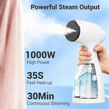 Handheld Steamer for Clothes Wrinkle Removes,110V to 220V Garment Steamer for Multiple Countries,1000W,Large Water Tank 450 ML,10 FT Power Cord,35s Fast Heating (white)
