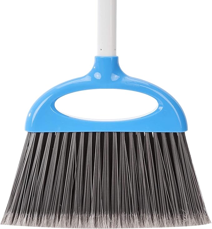 Amazon Basics Dustpan Broom Set with Adjustable Long Handle, Easy to Assemble, Blue and White