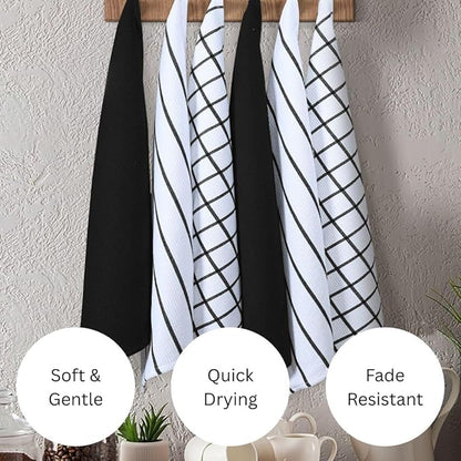 Assorted Waffle Kitchen Towels 100% Cotton Set of 6 - Heavy Duty 320 GSM Quality Dish Cloths - Soft Absorbent Washable for Kitchen Use - Quick Drying Dish Towel 16x26 inch Black