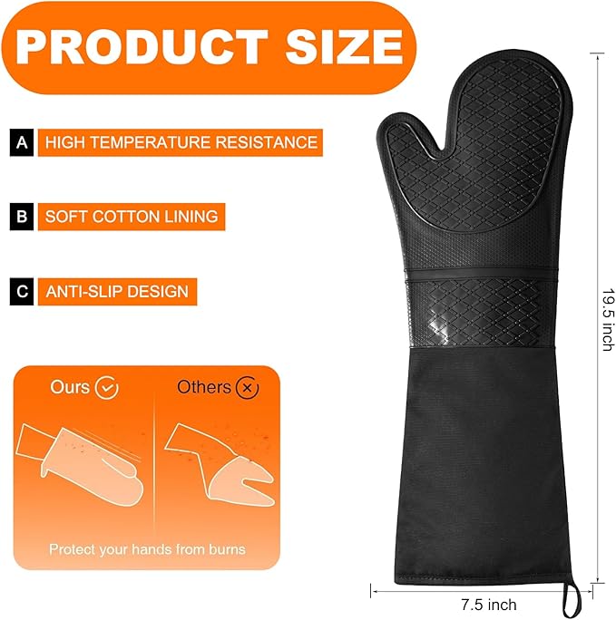 Extra Long Silicone Oven Mitts, Heat Resistant Oven Gloves with Quilted Liner Non-Slip Textured Grip Perfect for BBQ, Baking, Cooking and Grilling - 1 Pair 20 Inch Black