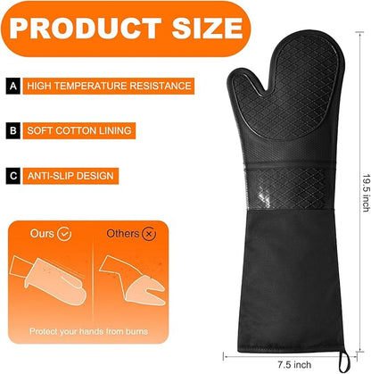 Extra Long Silicone Oven Mitts, Heat Resistant Oven Gloves with Quilted Liner Non-Slip Textured Grip Perfect for BBQ, Baking, Cooking and Grilling - 1 Pair 20 Inch Black
