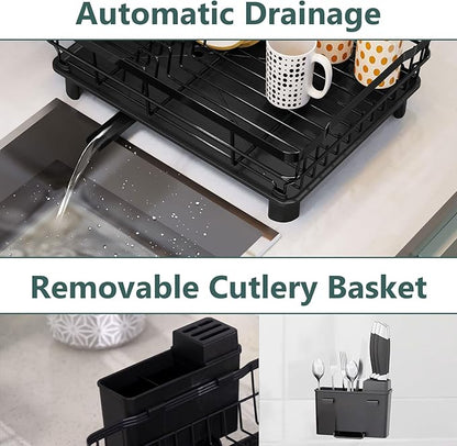 AIDERLY Iron Dish Drying Rack with Drainboard Dish Drainers for Kitchen Counter Extendable Spout Strainers with Utensil Holder and Knife Slots, Black