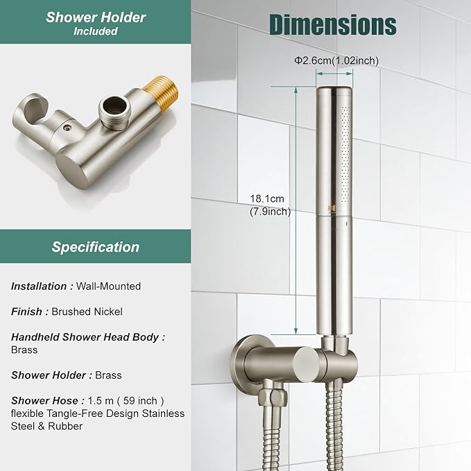 Heyalan Brass 2 in1 Function Handheld Spray Hand Shower High Pressure Handheld Sprinklert Shower Wand with Shower Hose and Adjustable Hand Shower Holder, Brushed Nickel