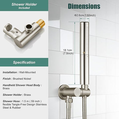 Heyalan Brass 2 in1 Function Handheld Spray Hand Shower High Pressure Handheld Sprinklert Shower Wand with Shower Hose and Adjustable Hand Shower Holder, Brushed Nickel