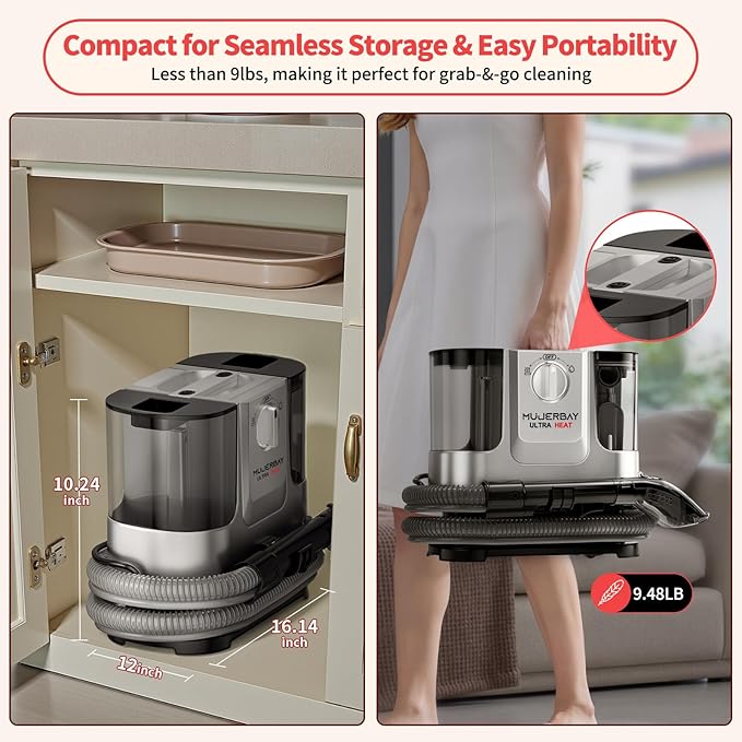 Upholstery Carpet Cleaner, MUJERBAY UltraHeat 12Kpa Portable Spot and Stain, Easy Move with Universal Wheels & Handle, 1.18-inch Deep Cleaning Machine for Couch, Stairs, Car and Pet Messes.