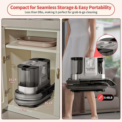 Upholstery Carpet Cleaner, MUJERBAY UltraHeat 12Kpa Portable Spot and Stain, Easy Move with Universal Wheels & Handle, 1.18-inch Deep Cleaning Machine for Couch, Stairs, Car and Pet Messes.