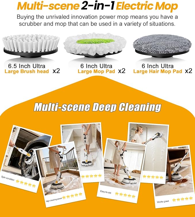 qimedo Battery Electric Mop M3, 800RPM Cordless Electric Power Scrubber & Mops for Floor Cleaning, Best Automatic Spin Mops with Smart Display,Rotating Mop with LED Light & Water Spray