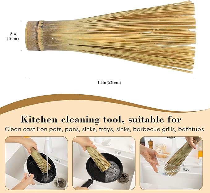 Bamboo Pot Brush,Traditional Natural Bamboo Wok Brush,Kitchen Cleaning Brush, Suitable for Cleaning Cast Iron Pots, Pans, Sinks, Trays, Basins, Barbecue Grills and Bathtubs, 2 Packs (Large)