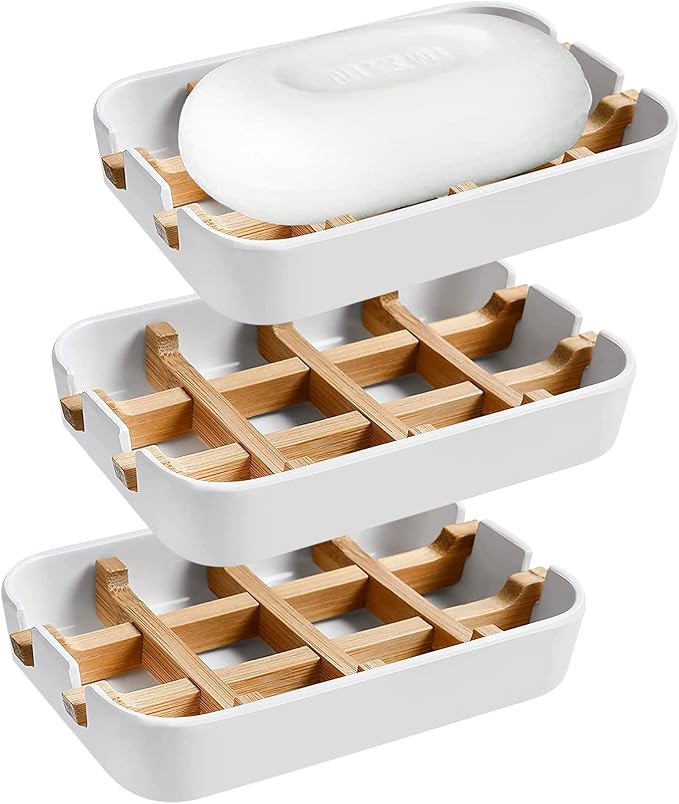 Aoheuo Modern Bamboo Fiber soap Holder and soap Dish Combination (Removable),5.12 Long by 3 Wide, 0.98 inches high, Used in Kitchens, bathrooms, and bar Sinks (White(3 Pack))