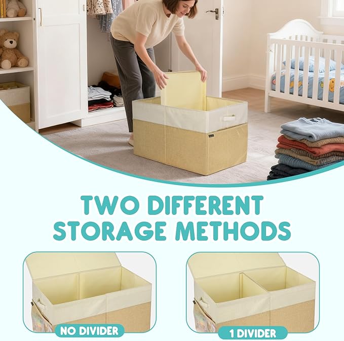 BALEINE Fabric Storage Bins with Lid, Collapsible Extra Large Storage Boxes Bins Baskets with Divider for Home Organizing (25"x13"x16", Khaki&Beige)