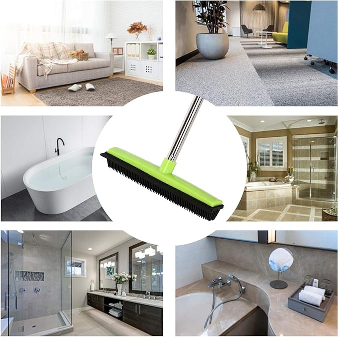 MEIBEI Pet Hair Removal Broom with Squeegee -53", Long Handle Soft Bristle Rubber Broom, Ideal for Remove Fur from Carpets, Rugs, Hardwood and Linoleum