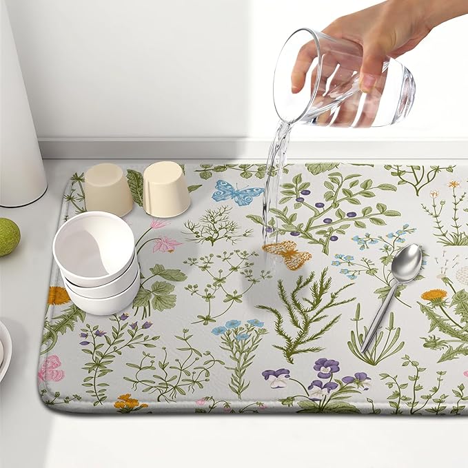 Kawani Wild Flowers Plant Dish Drying Mats for Kitchen Counter 16x18 Inch,Sage Herbs Kitchen Drying Mat,Botanical Plant Dishes Pad Dish Drainer Rack Mats Absorbent Fast Dry Kitchen Accessories
