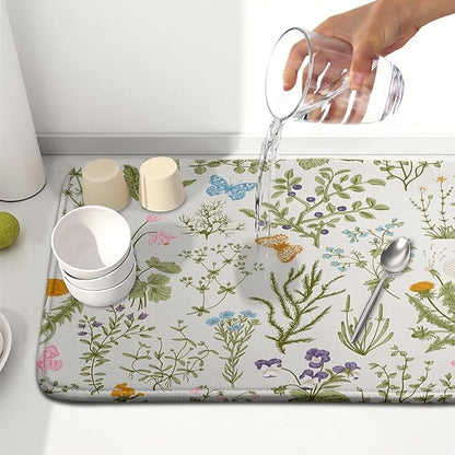 Kawani Wild Flowers Plant Dish Drying Mats for Kitchen Counter 16x18 Inch,Sage Herbs Kitchen Drying Mat,Botanical Plant Dishes Pad Dish Drainer Rack Mats Absorbent Fast Dry Kitchen Accessories