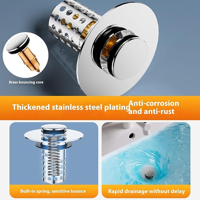 Push Button Sink Drain Stoppers With Odor Prevention And Hair Catcher Steel Bathroom Basin Filter For Not Clogging Not Odor Popup Drain Stoppers