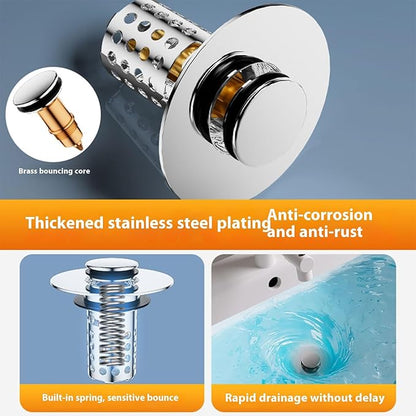 Push Button Sink Drain Stoppers With Odor Prevention And Hair Catcher Steel Bathroom Basin Filter For Not Clogging Not Odor Popup Drain Stoppers