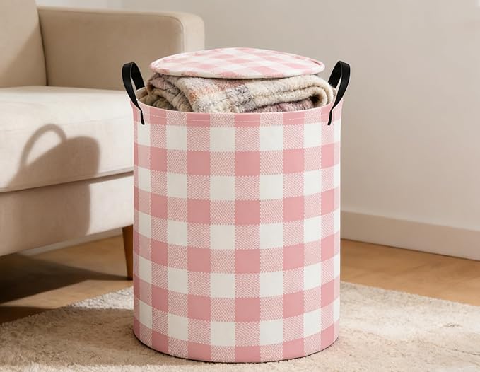 Kids Laundry Basket Pink Hamper for Nursery Girls Hamper Cute Kids Storage Bin Organizer Room Decor for Home(Pink Grid)
