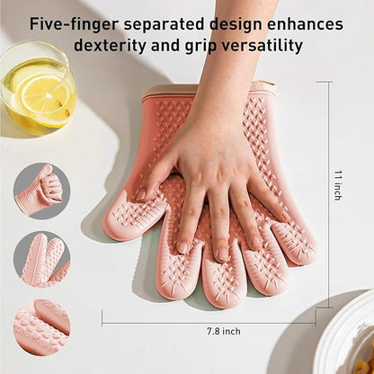 Silicone Oven Gloves with Fingers, High Temperature 450F Heat Resistant Oven Mitts Waterproof & Non-Slip Good Grip BBQ Grilling Gloves for Kitchen Cooking, Baking, Welding (Pink) ﻿