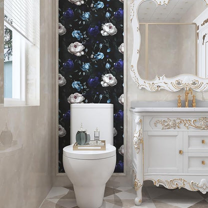 Dark Floral Peel and Stick Wallpaper, Vintage Black/Blue Rose Flower Contact Paper 17.5" x 393.7", Waterproof Self Adhesive Boho Decor Black Rose Wall Paper for Bedroom Walls Bookcase Drawers Decor