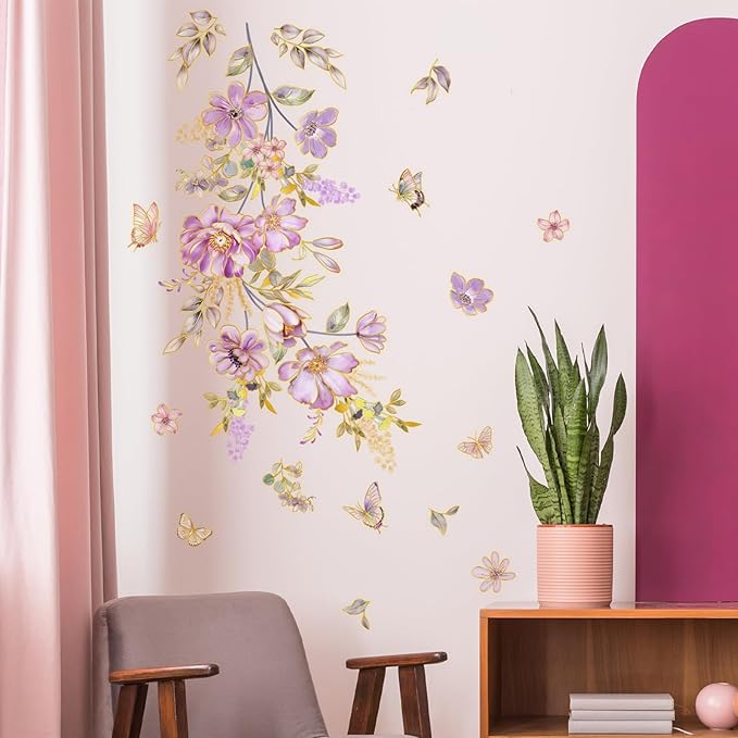 Flower and Butterfly Wall Stickers Purple Flowers with Butterflies Wall Decals Nature Theme Peel and Stick Waterproof Clings for Living Room Bedroom (Purple Flowers)