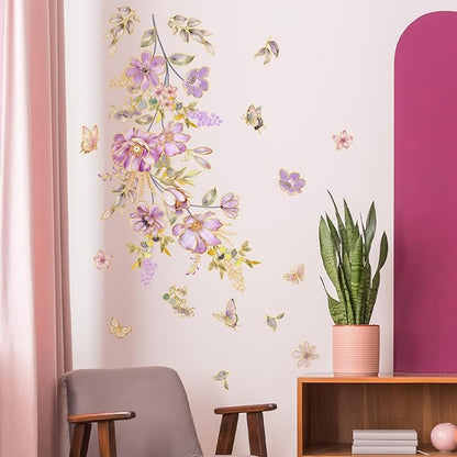 Flower and Butterfly Wall Stickers Purple Flowers with Butterflies Wall Decals Nature Theme Peel and Stick Waterproof Clings for Living Room Bedroom (Purple Flowers)