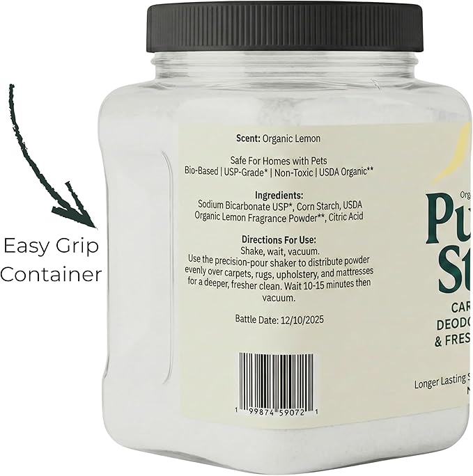 Carpet Deodorizer Powder with Organic Lemon Scent - Pet Safe 32oz Carpet Freshener, & Pet Odor Eliminator For Rugs, Upholstery, Mattresses - Non-Clumping Formula with Easy Pour Shaker Lid - USA Made