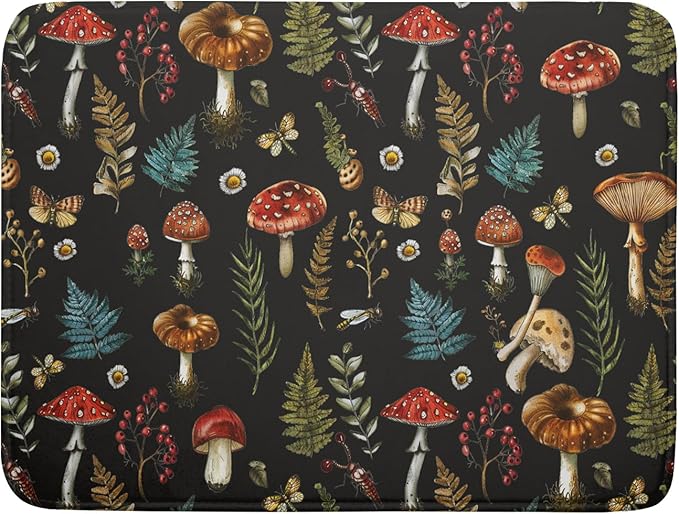 Natural Botanical Dish Drying Mat Mushroom Fern Leaves Berry Drainer Mat Black Drying Pad for Countertop 18 X 24 Inch